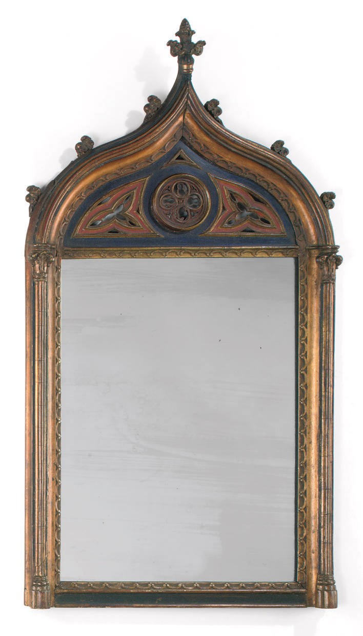 A North European parcel-gilt and polychrome painted Gothic revival mirror