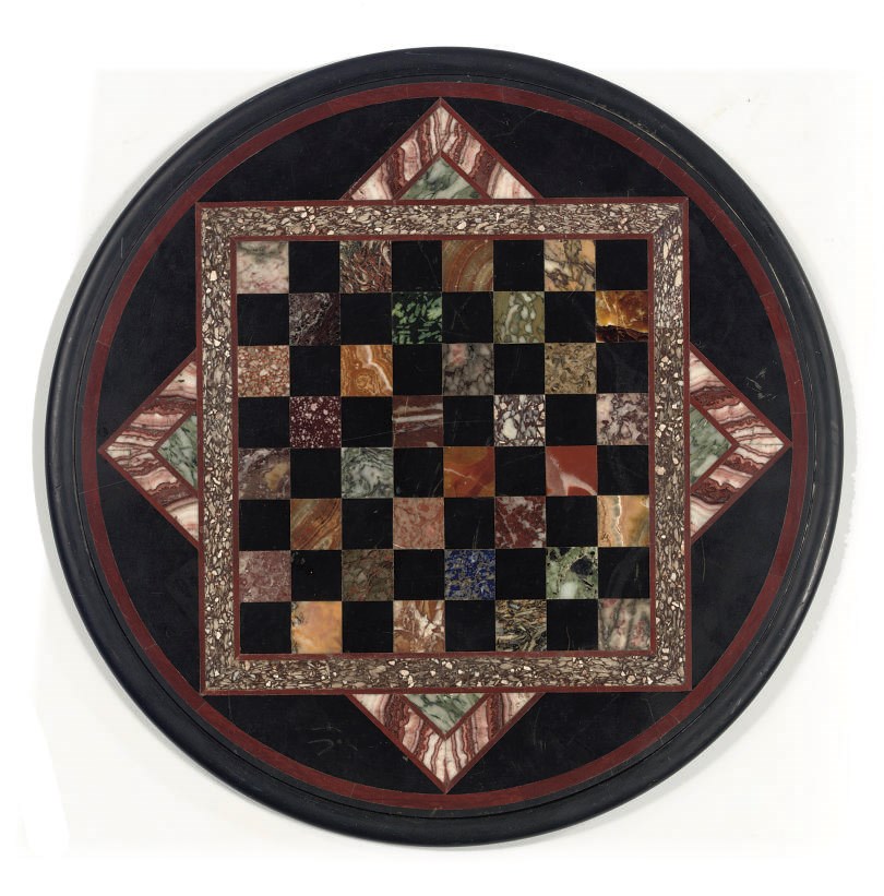An Italian specimen marble table top  chessboard