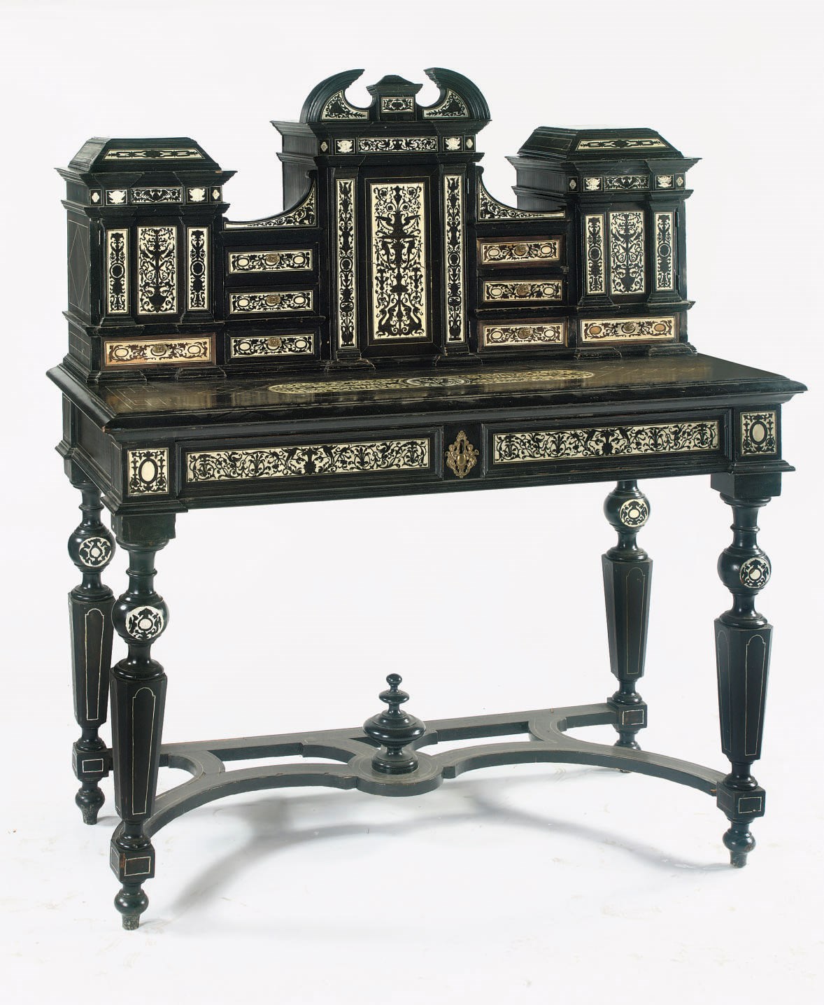 An Italian ebonized and ivory inlaid bureau