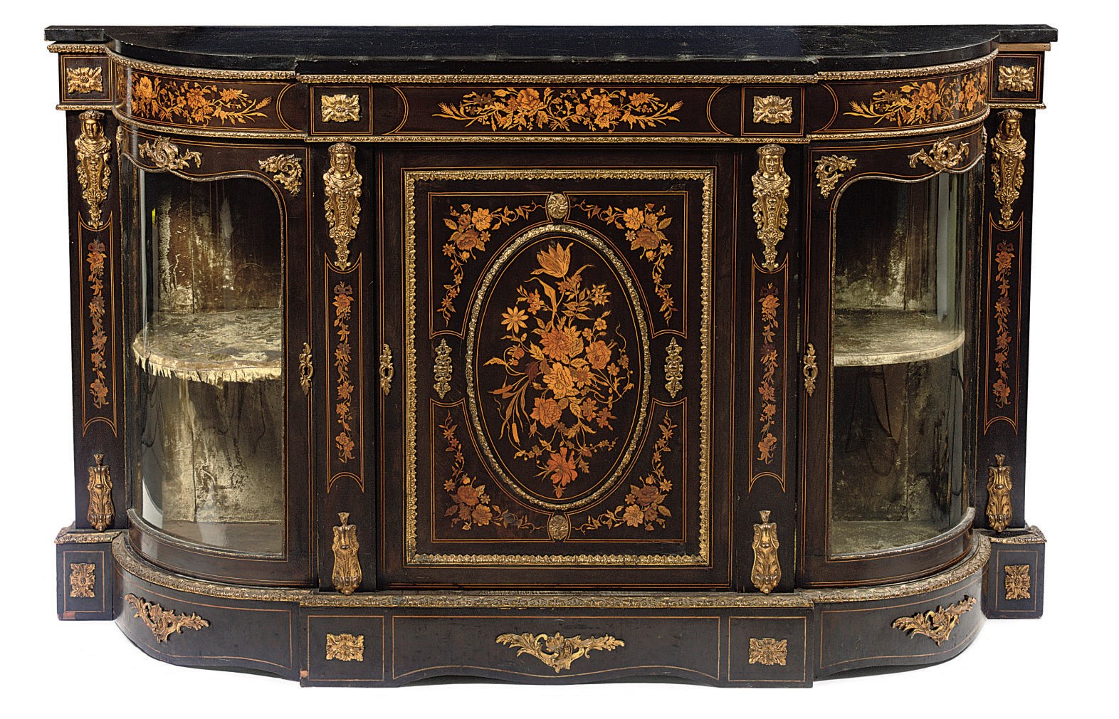 A NAPOLEON III ORMOLU-MOUNTED EBONIZED AND FRUITWOOD MARQUETRY SIDEBOARD