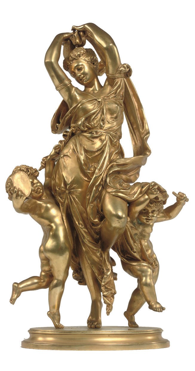 A FRENCH GILT BRONZE GROUP OF A CLASSICAL MAIDEN DANCING WITH TWO PUTTI