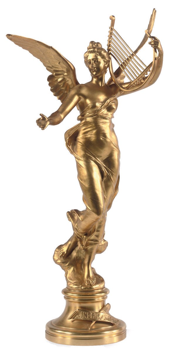 A FRENCH GILT BRONZE FIGURE OF A WINGED LADY WITH A LYRE ENTITLED 'L'INSPIRATION'