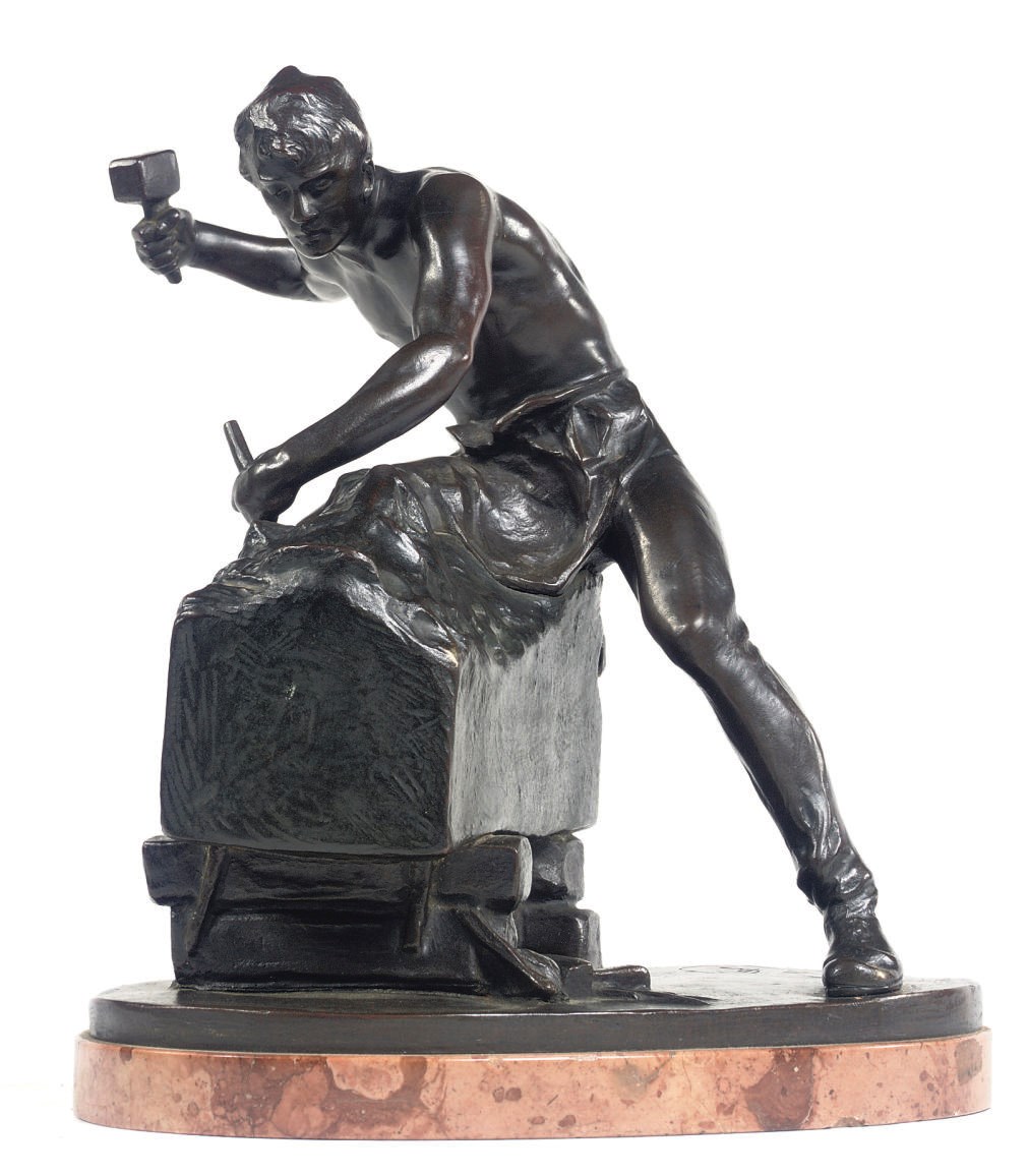 AN AUSTRIAN BRONZE FIGURE OF A SCULPTOR CARVING A MARBLE LION