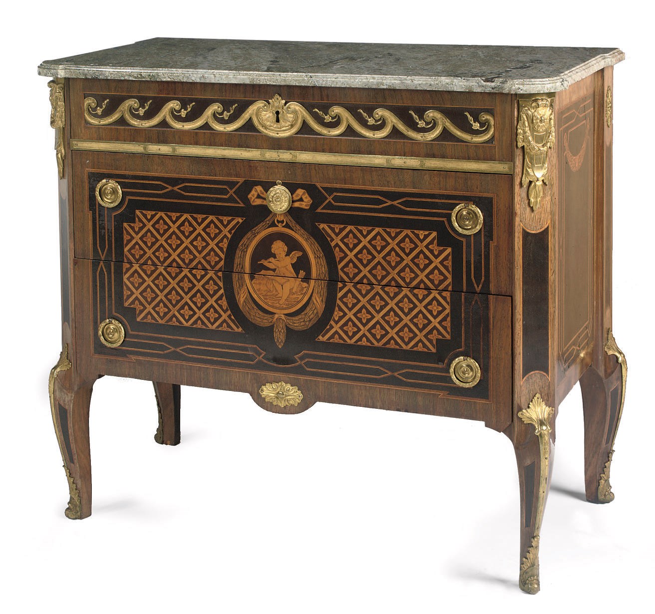 A Swedish ormolu-mounted rosewood, amaranth and fruitwood marquetry and parquetry commode