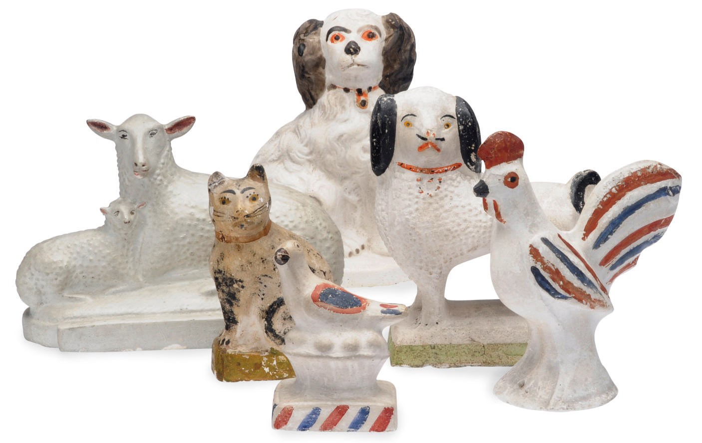 A GROUP OF SIX CHALKWARE ANIMALS,