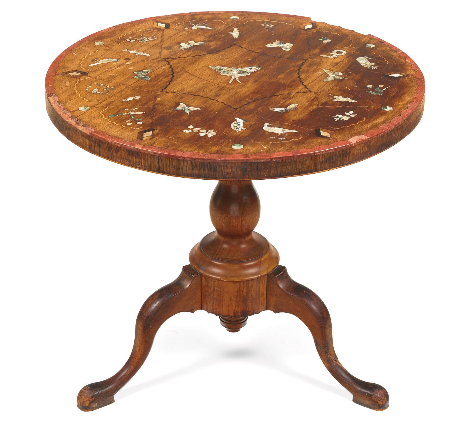 A Victorian Mother-of-Pearl and Hard Stone Marquetry-Inlaid Walnut Tilt-Top Tea Table~