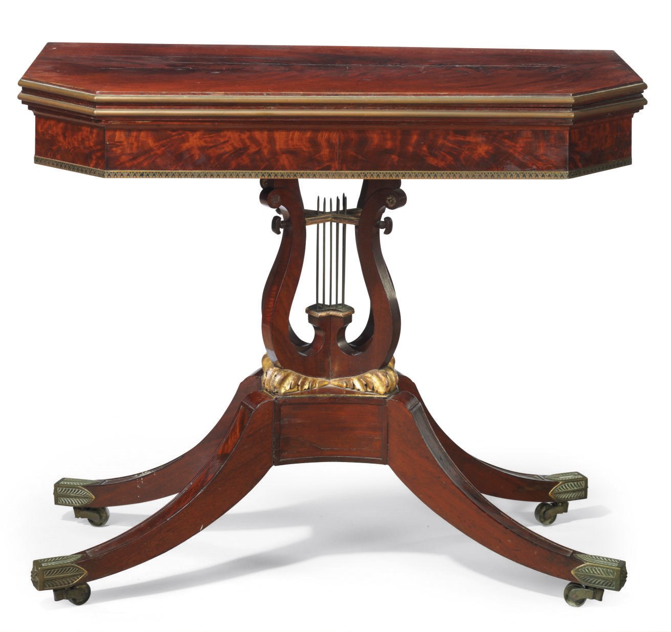 A Federal Parcel-Gilt and Brass Inlaid Mahogany Swivel-top Card Table