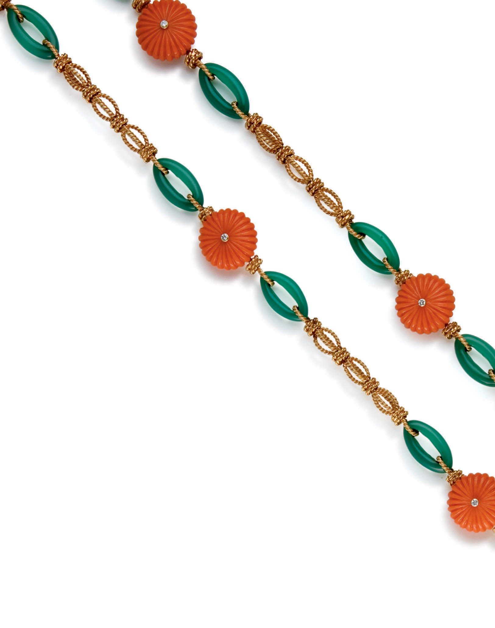 SAUTOIR CHRYSOPRASE, CORAIL ET DIAMANTS