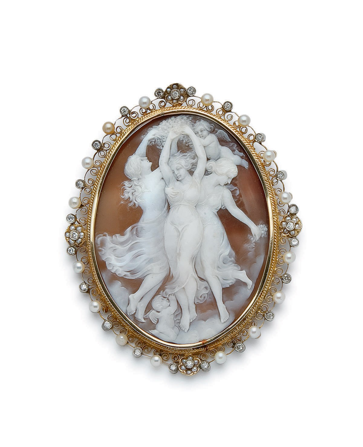 BROCHE CAMEE SARDOINE, PERLES ET DIAMANTS