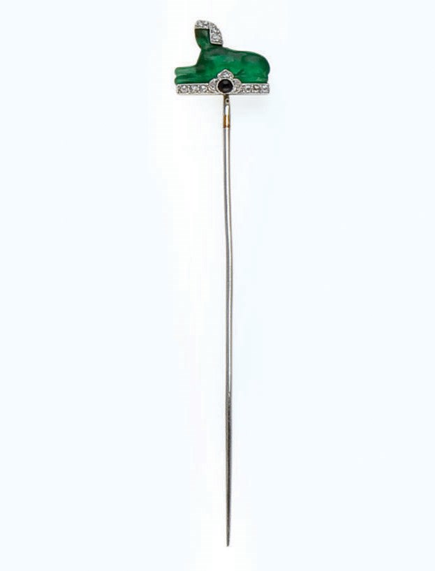 EPINGLE ART DECO ONYX, VERRE ET DIAMANTS, PAR GHISO