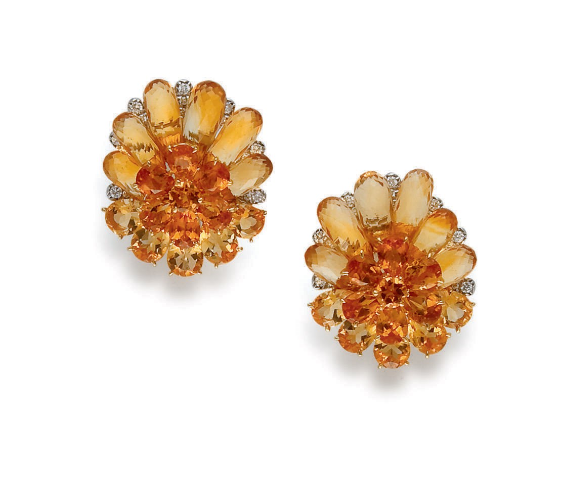 PAIRE DE BOUCLES D'OREILLES CITRINES ET DIAMANTS