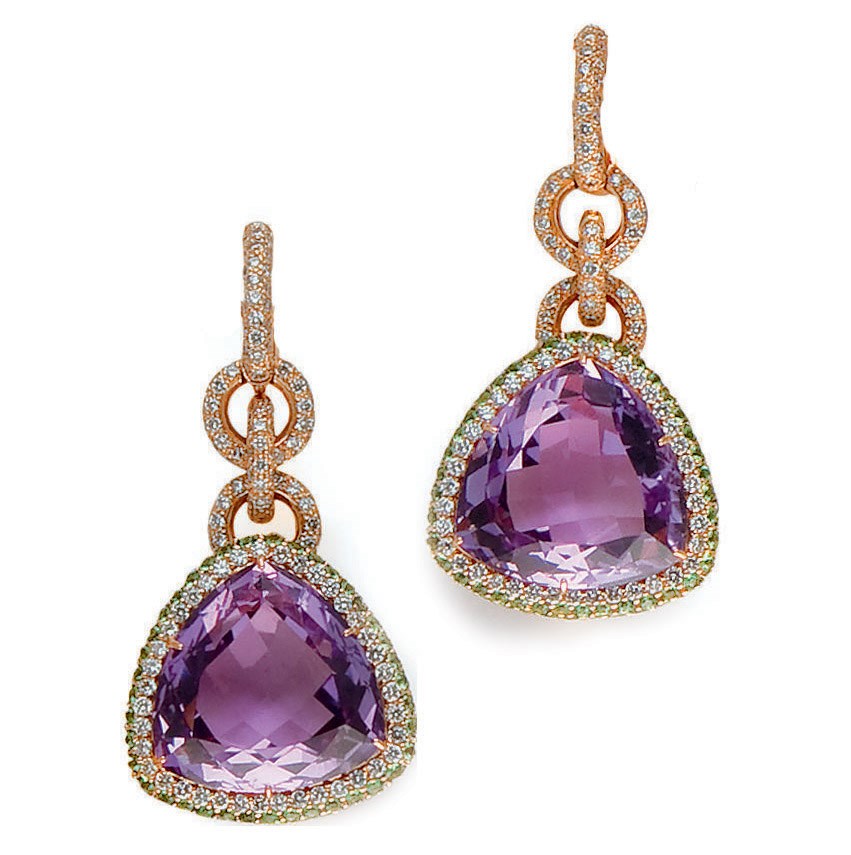 PAIRE DE PENDANTS D'OREILLES AMETHYSTES, GRENATS TSAVORITES ET DIAMANTS