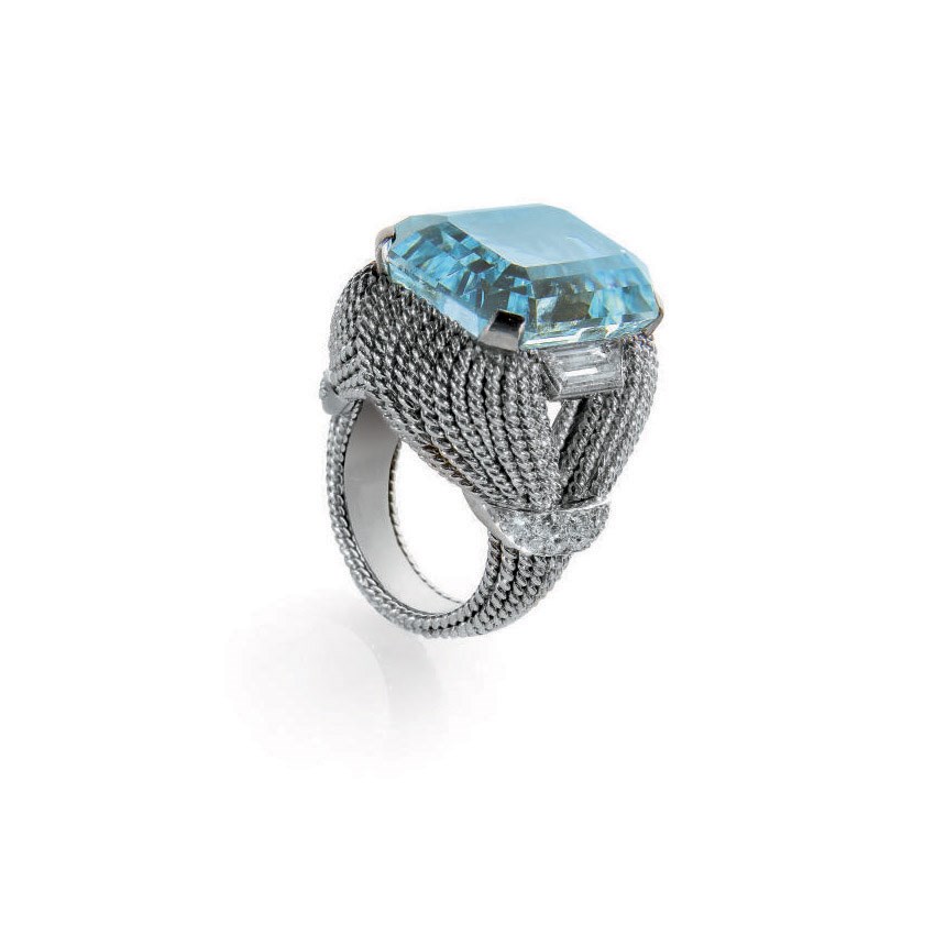BAGUE AIGUE-MARINE ET DIAMANTS, PAR STERLE