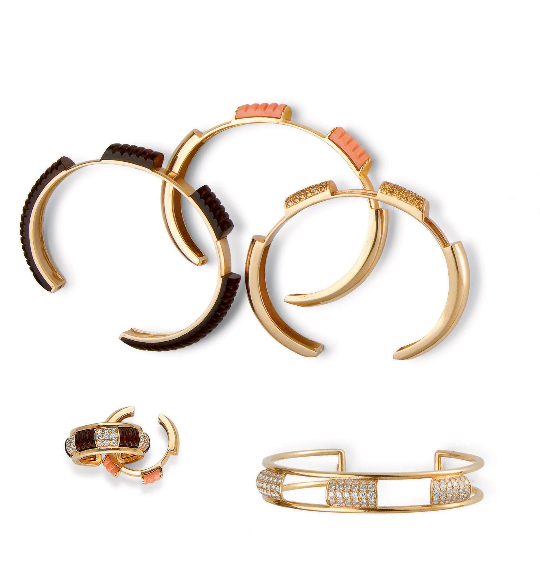 BRACELET INTERCHANGEABLE CORAIL, BOIS, DIAMANTS DE COULEUR ET DIAMANTS ET BAGUE EN SUITE, PAR BOUCHERON