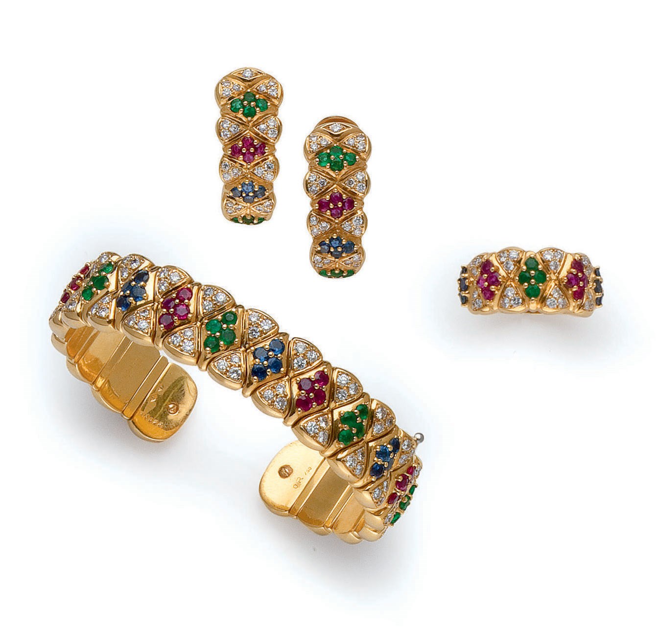 DEMI-PARURE SAPHIRS, EMERAUDES, RUBIS ET DIAMANTS, PAR MAUBOUSSIN
