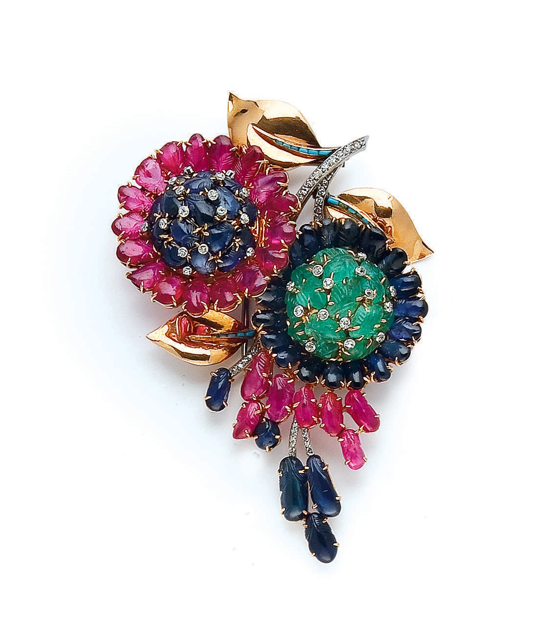 BROCHE EMERAUDES, SAPHIRS, RUBIS, TURQUOISES ET DIAMANTS