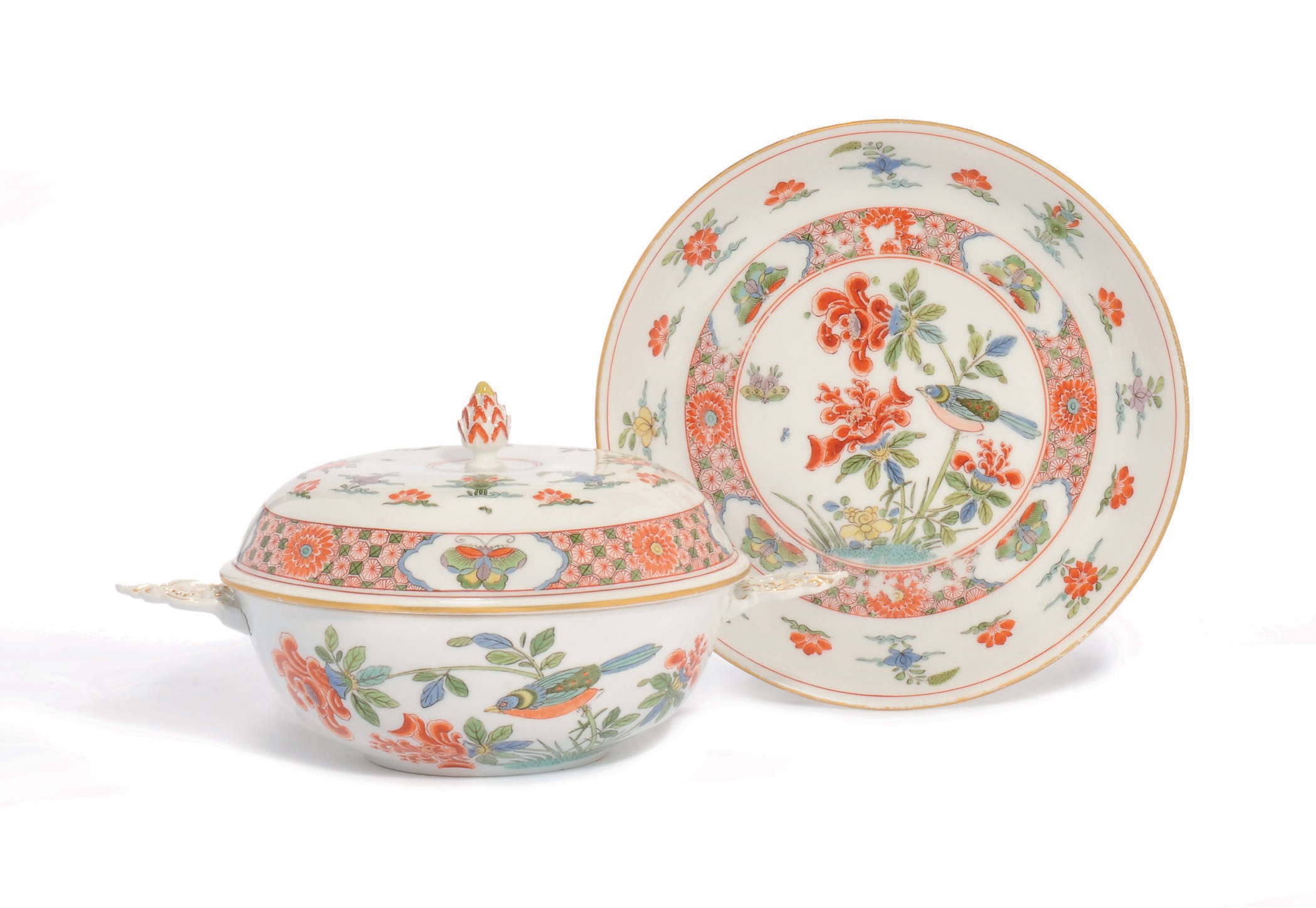 A MEISSEN TWO-HANDLED TUREEN, COVER AND SAUCER STAND