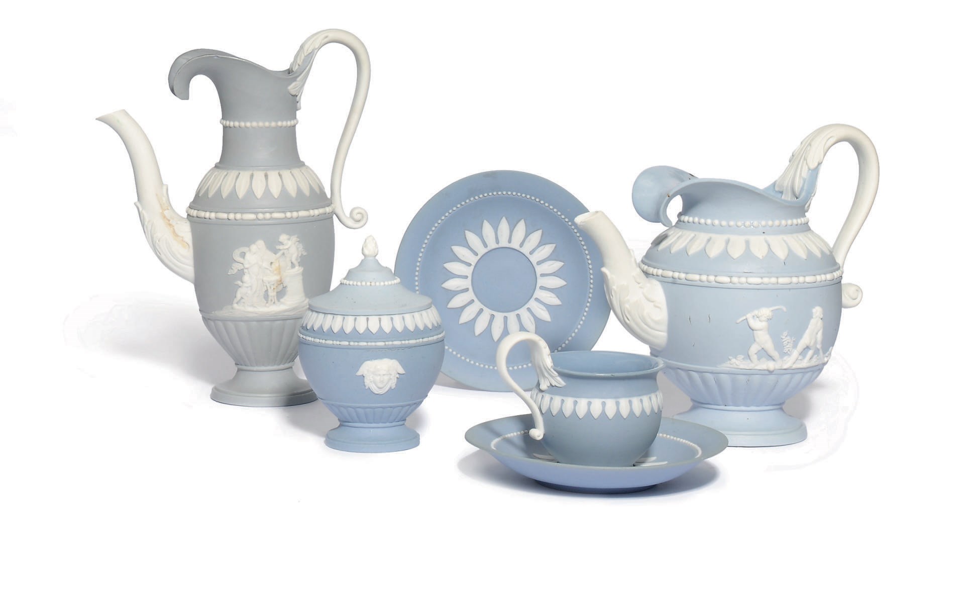 A MEISSEN COMPOSITE PART TEA SERVICE IN THE WEDGWOOD JASPER STYLE