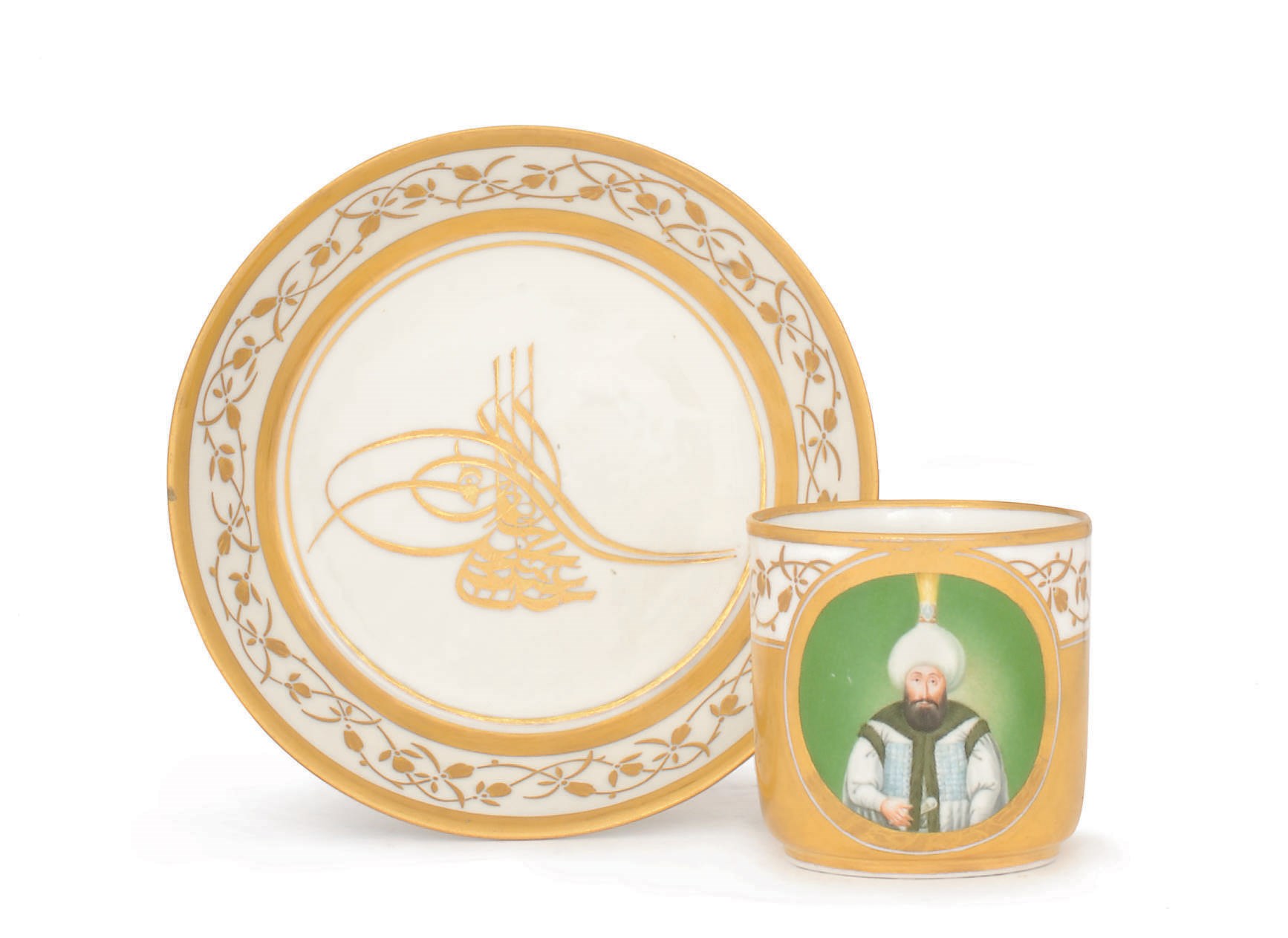 A MEISSEN (MARCOLINI) ISLAMIC PORTRAIT CUP AND SAUCER