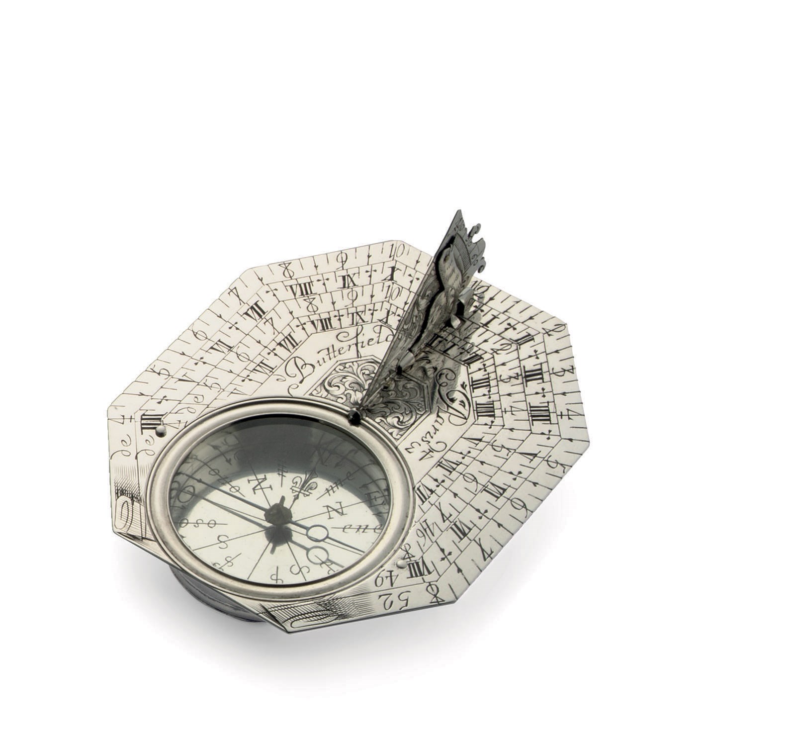 A FRENCH SILVER SUNDIAL-COMPASS