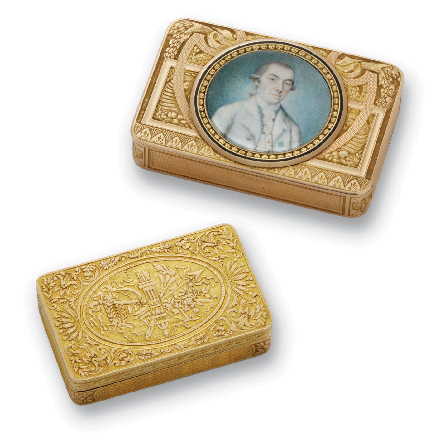 TWO SWISS GOLD SNUFF-BOXES, ONE SET WITH A MINIATURE