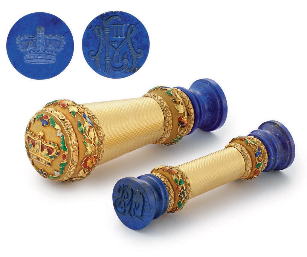 TWO ENAMELLED GOLD AND HARDSTONE HAND-SEALS