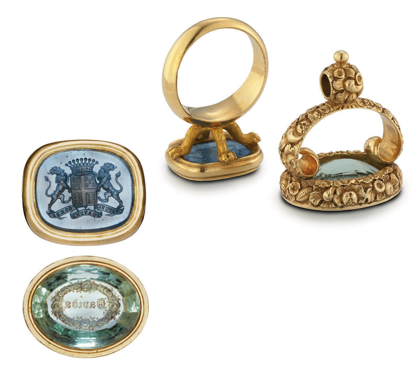 TWO CONTINENTAL GOLD-MOUNTED FOB-SEALS, ONE HARDSTONE AND ONE GLASS