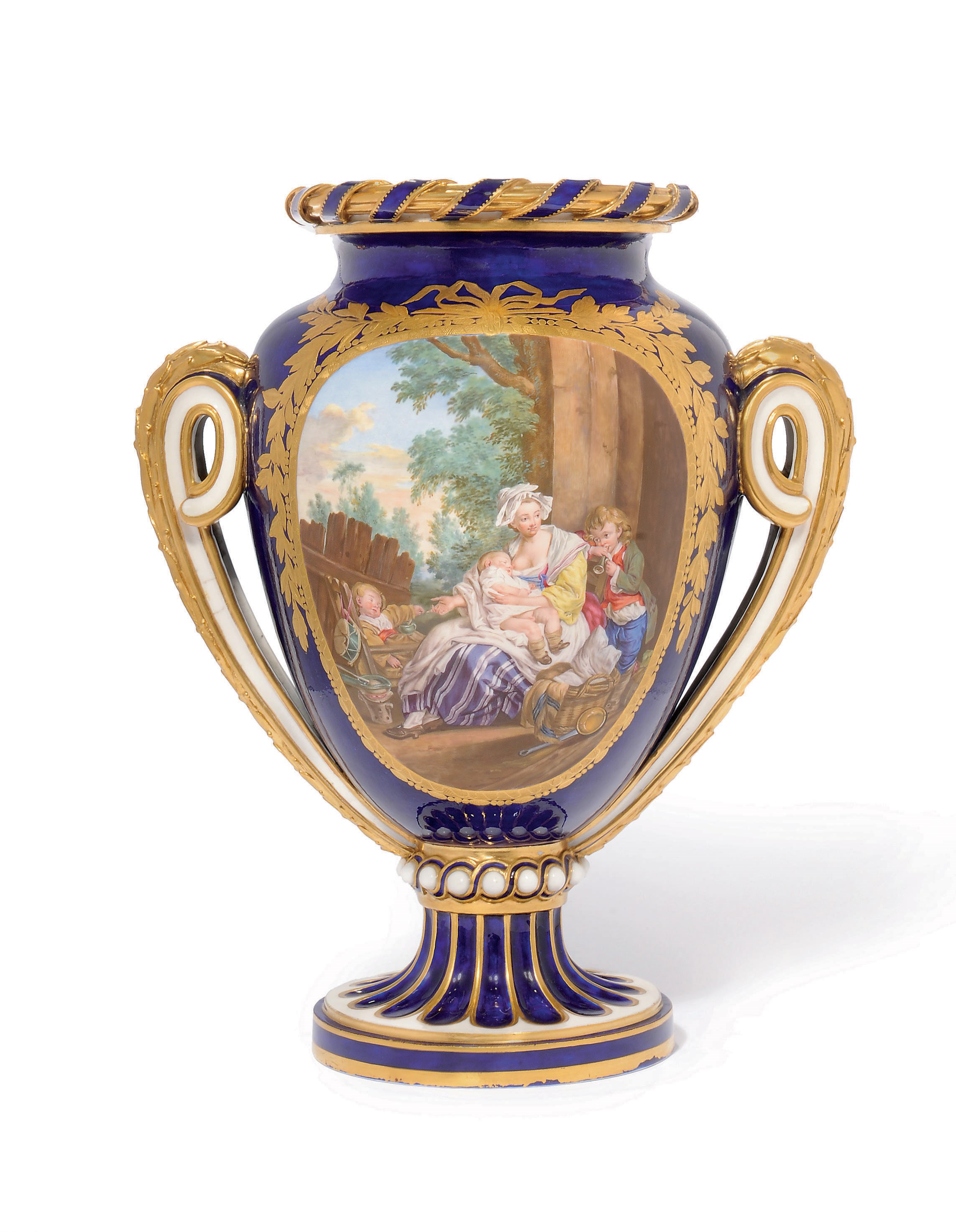 A SEVRES BEAU BLEU TWO-HANDLED OVIFORM VASE (VASE A RUBAN) OR (VASE A COURONNE)