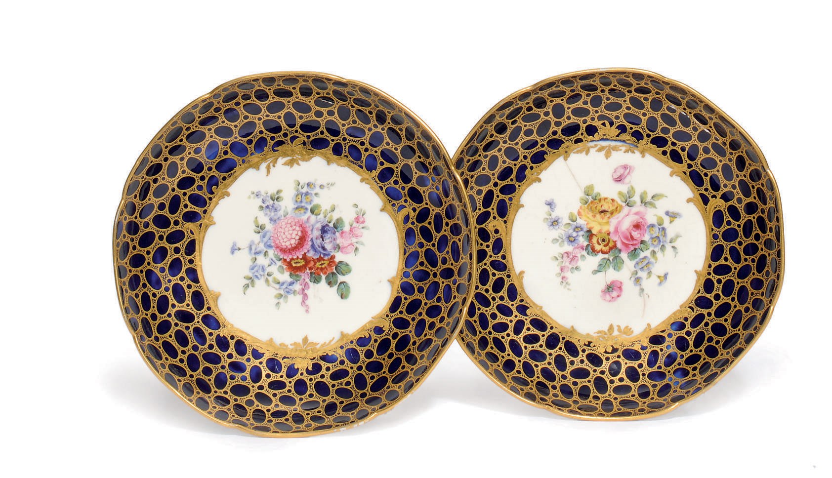 TWO SEVRES BLEU LAPIS CAILLOUTE SAUCER-DISHES (COMPOTIERS ROND)
