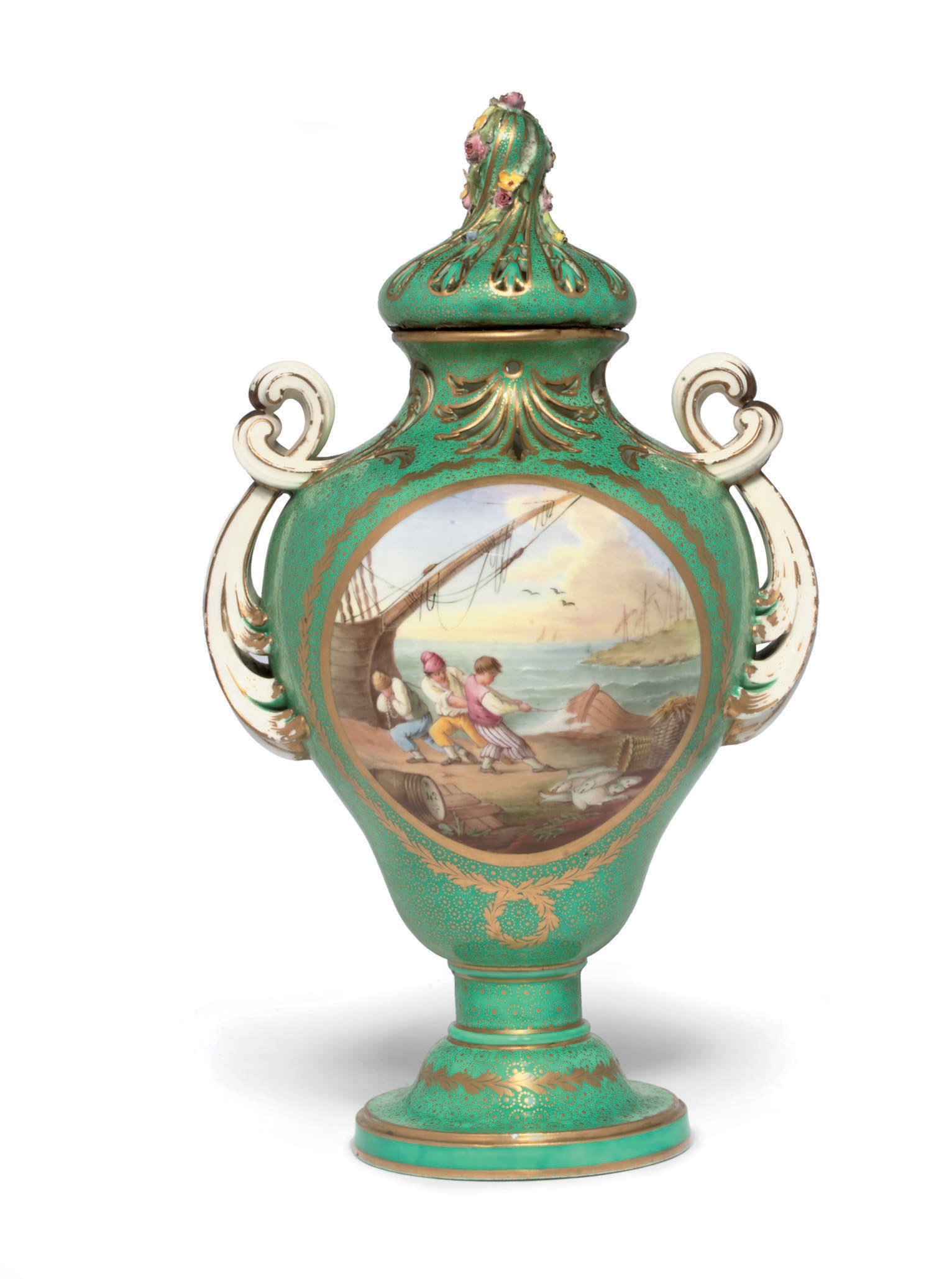 A SEVRES GREEN-GROUND POT-POURRI VASE AND COVER (VASE 'POT POURRI FEUILLES DE MIRTE', DEUXIEME GRANDEUR)