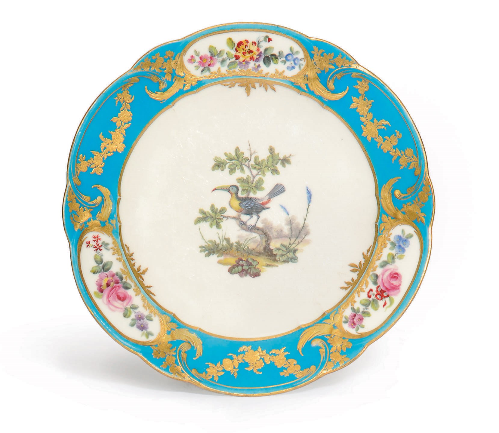 TWELVE SEVRES BLEU CELESTE ORNITHOLOGICAL PLATES (ASSIETTES A PALMES)