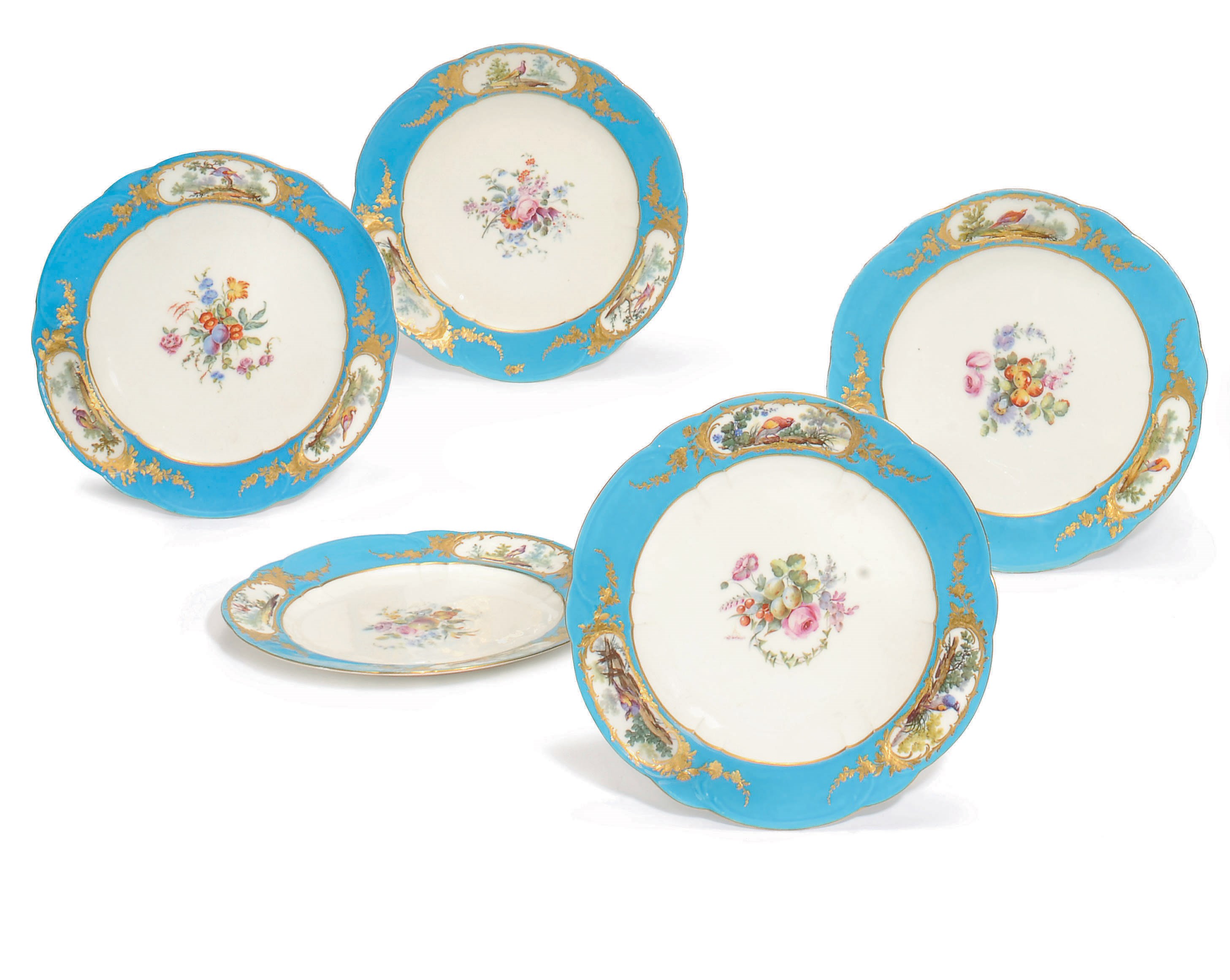 FIVE SEVRES BLEU CELESTE PLATES (ASSIETTES A PALMES)
