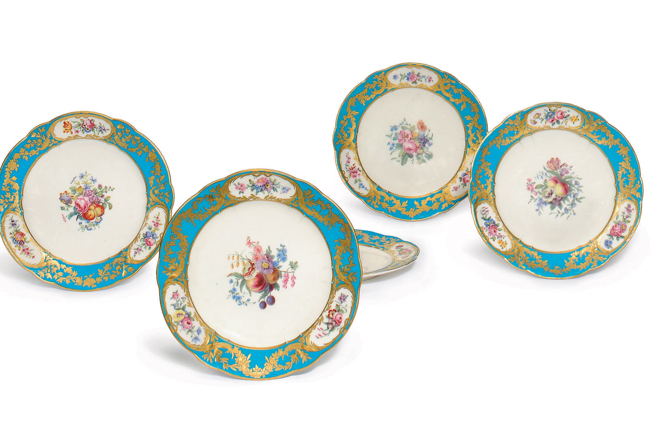TWELVE SEVRES BLEU CELESTE GROUND PLATES (ASSIETTES A PALMES)