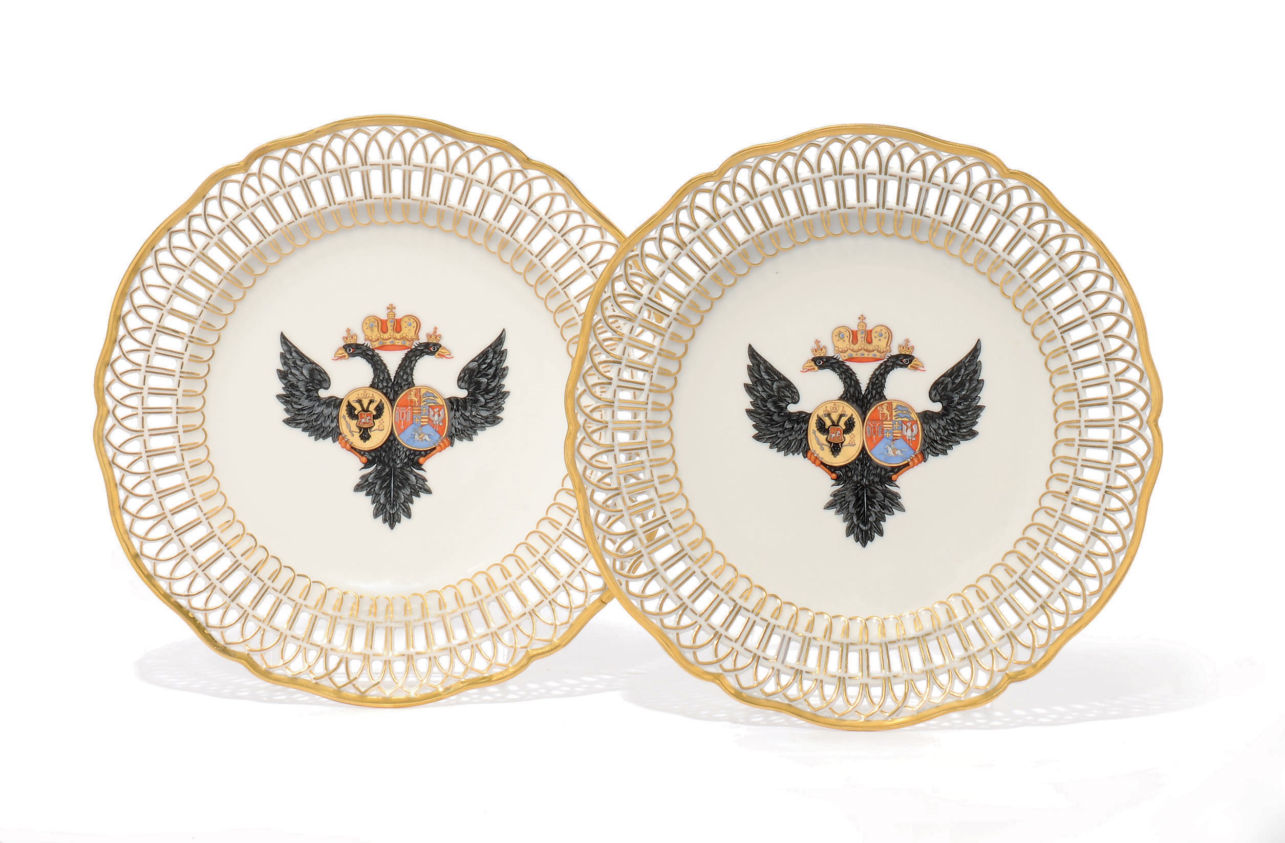 A PAIR OF BERLIN (KPM) ARMORIAL PIERCED HEXAFOIL DESSERT-PLATES FROM THE GRAND DUKE PAUL SERVICE
