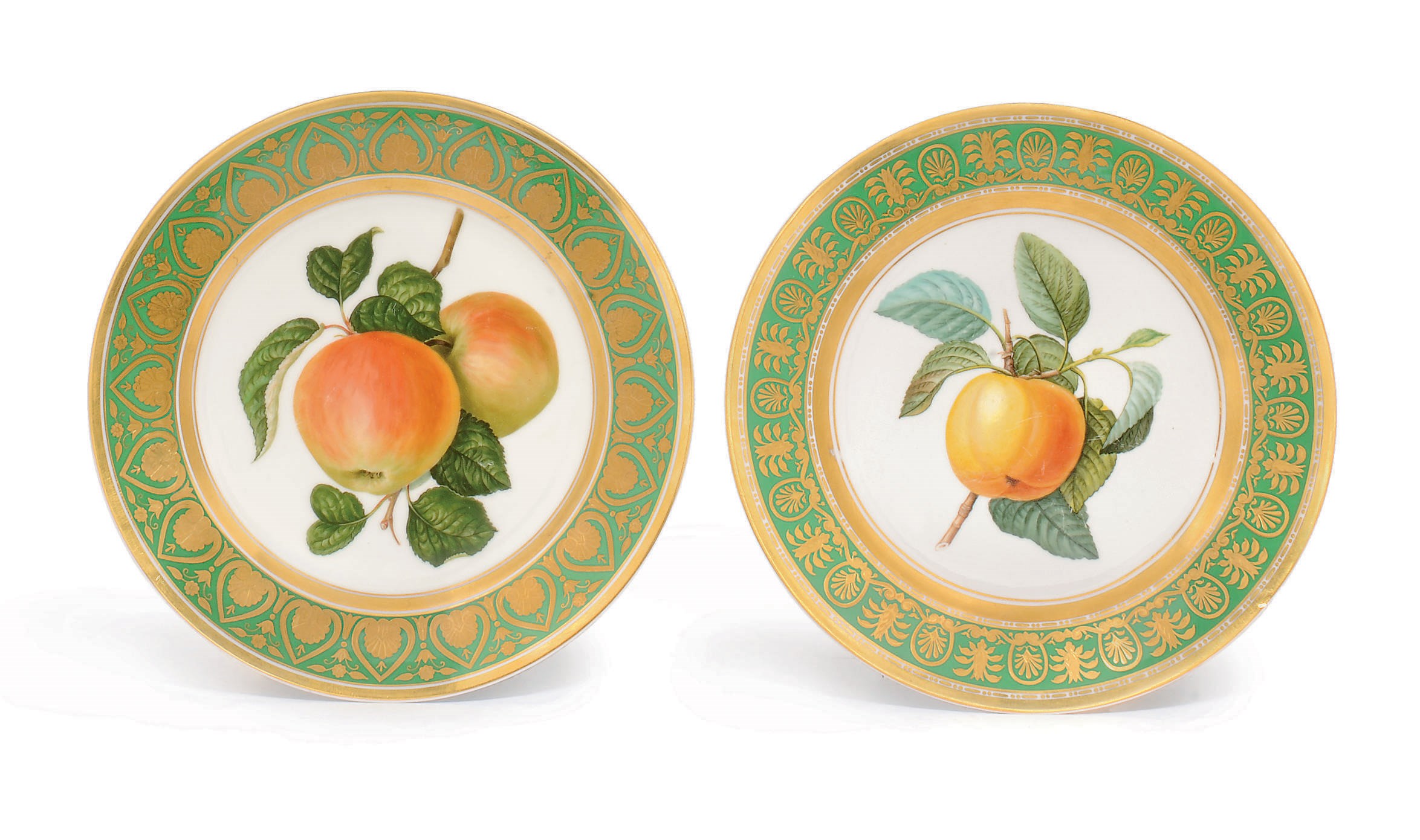 TWO RUSSIAN (IMPERIAL PORCELAIN FACTORY ST. PETERSBURG) GREEN-GROUND BOTANICAL PLATES FROM THE 'GOLDEN' SERVICE