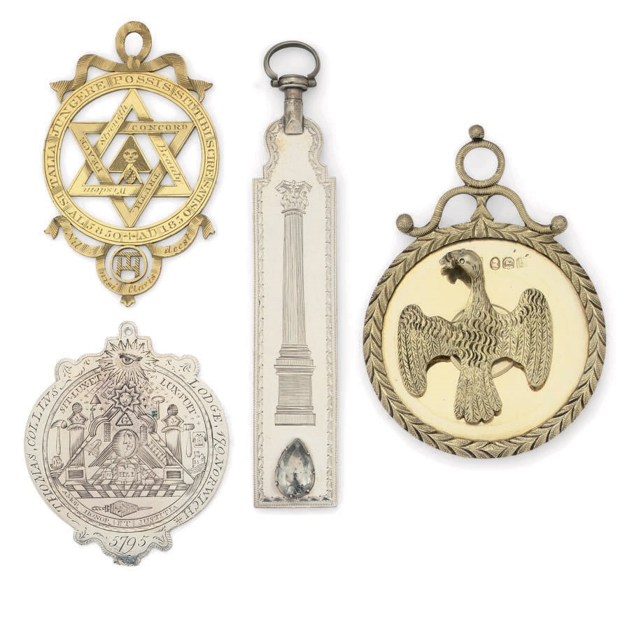 A GEORGE III SILVER MASONIC-JEWEL, A GEORGE III SILVER-GILT MASONIC-JEWEL AND TWO OTHERS