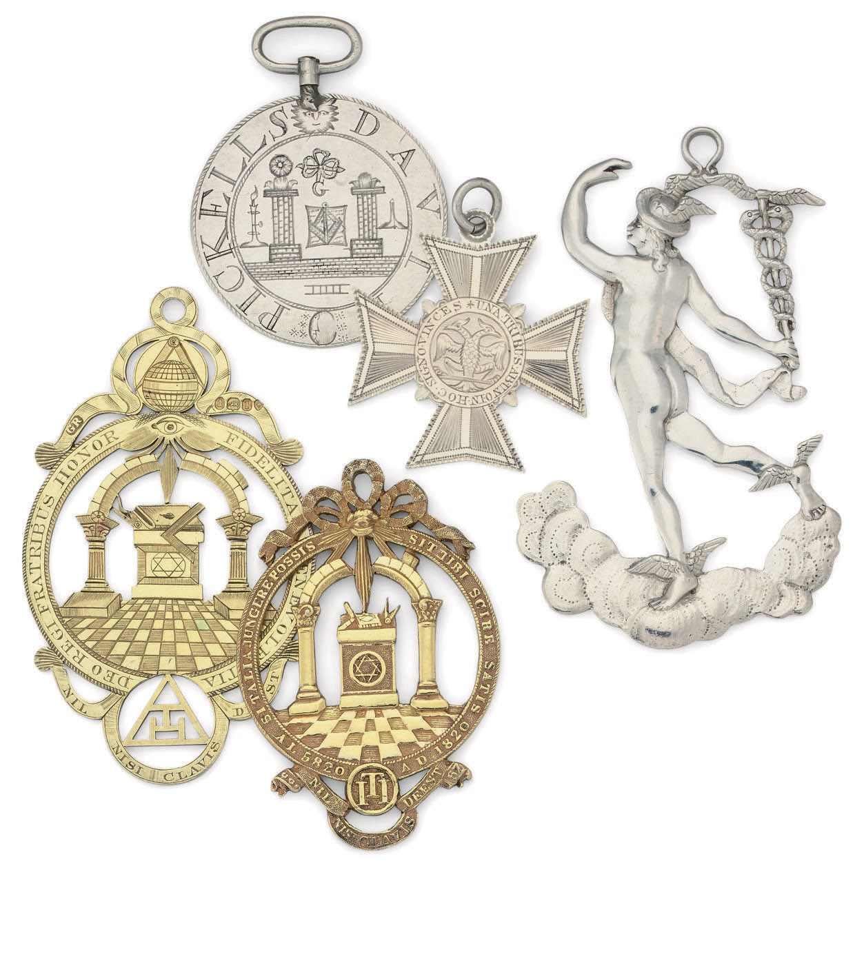 TWO GEORGE III SILVER MASONIC-JEWELS AND THREE OTHERS