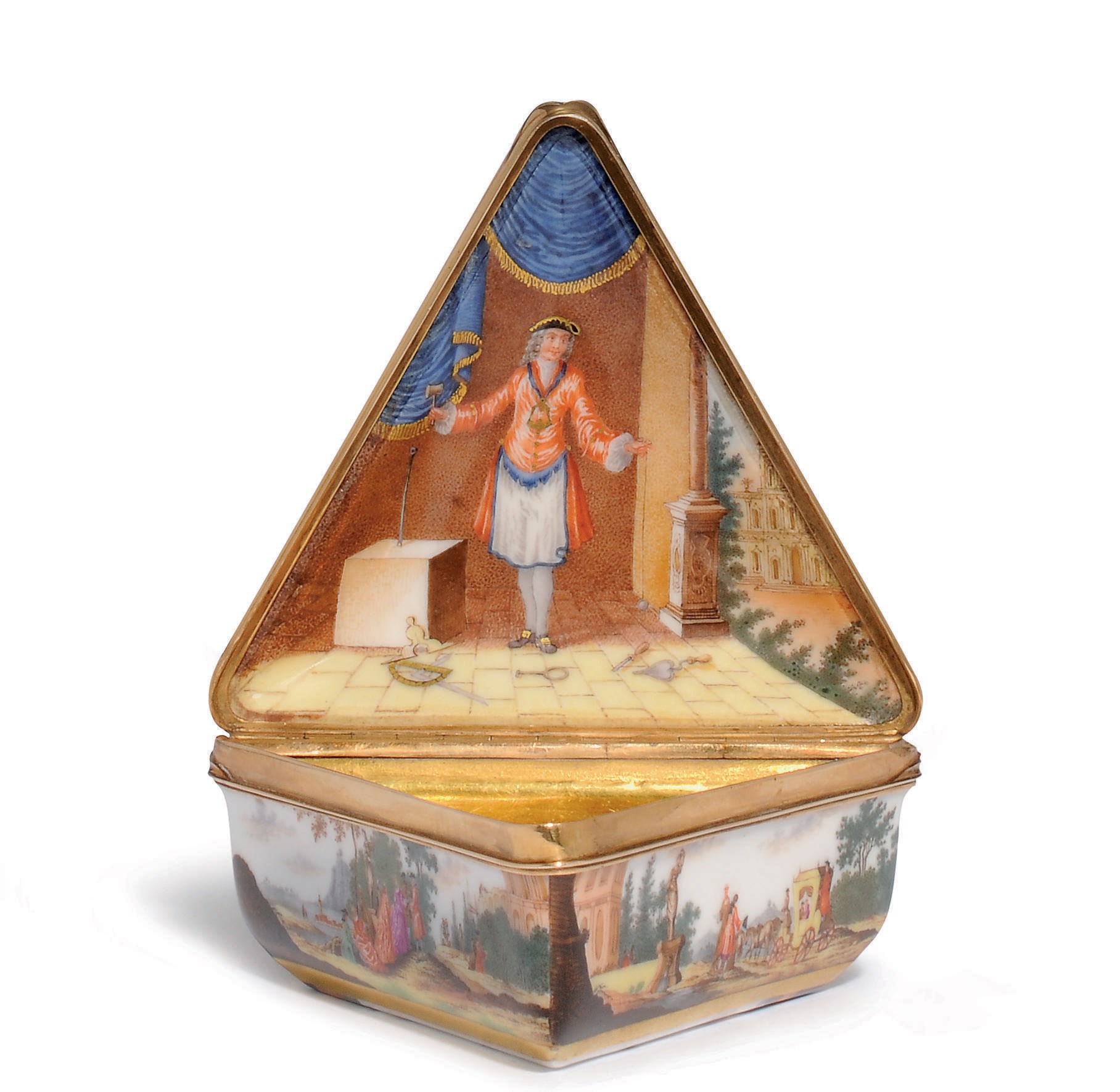 A MEISSEN GOLD-MOUNTED TRIANGULAR-SHAPED MASONIC SNUFF-BOX AND COVER