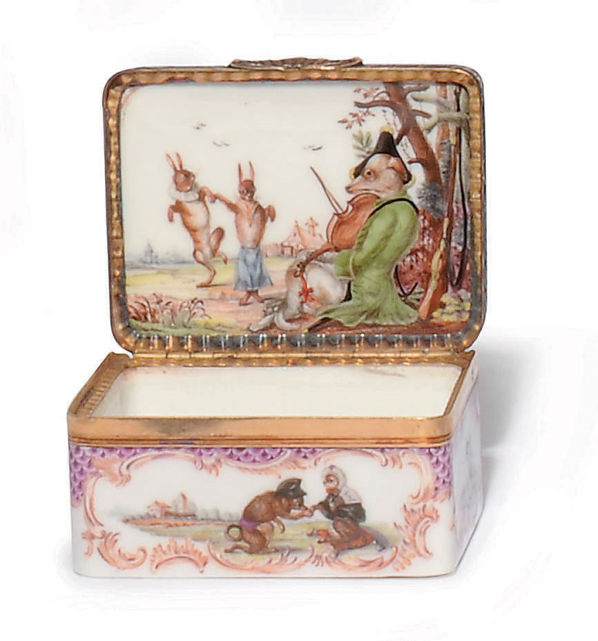 A MEISSEN GILT-METAL-MOUNTED RECTANGULAR SNUFF-BOX AND COVER