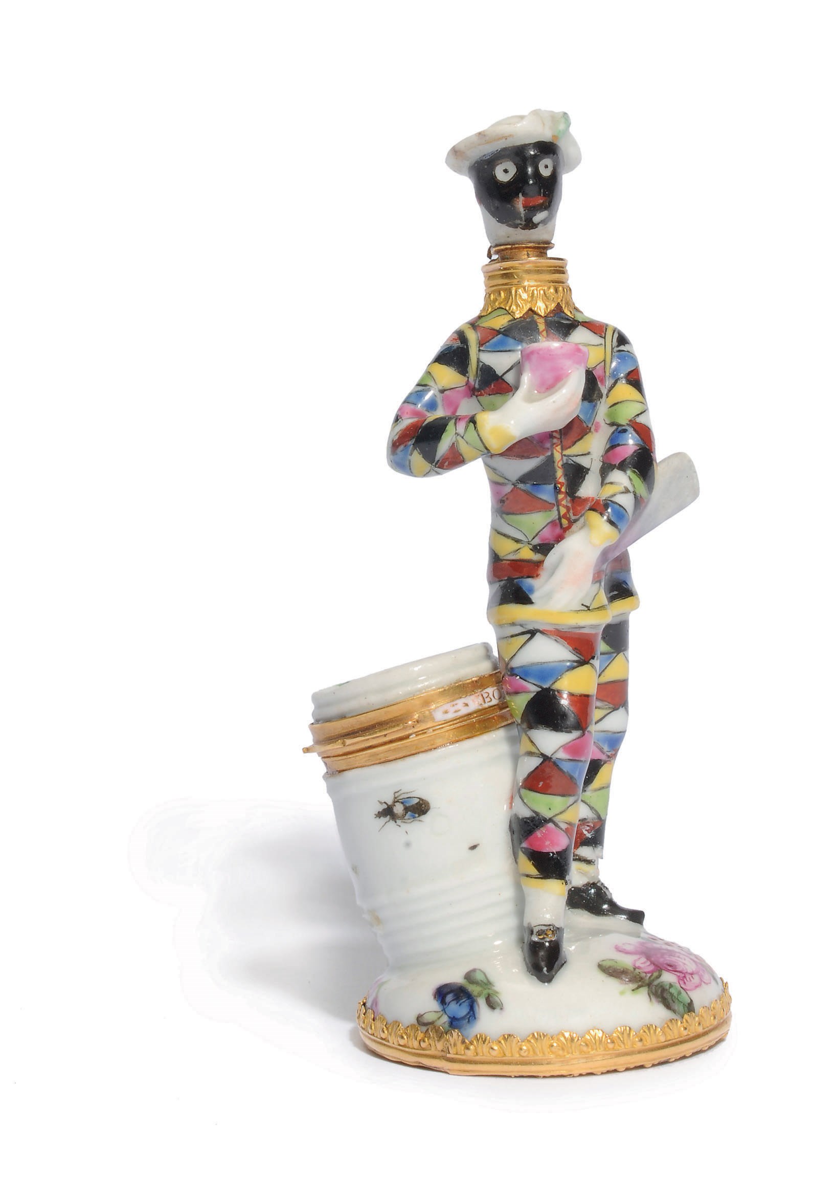 A 'GIRL-IN-A-SWING' GOLD-MOUNTED SNUFF-BOX-SCENT-BOTTLE AND STOPPER