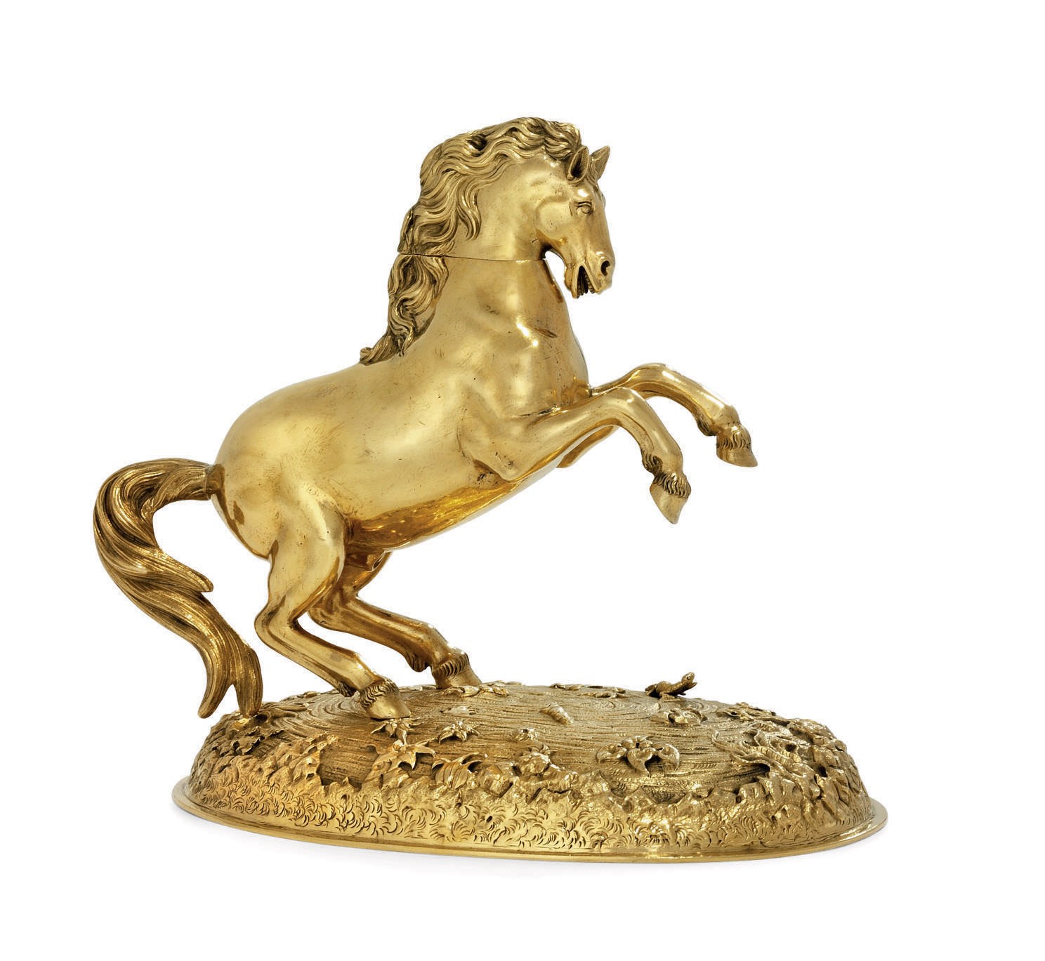 A CONTINENTAL SILVER-GILT CUP IN THE FORM OF A MODEL OF A REARING HORSE
