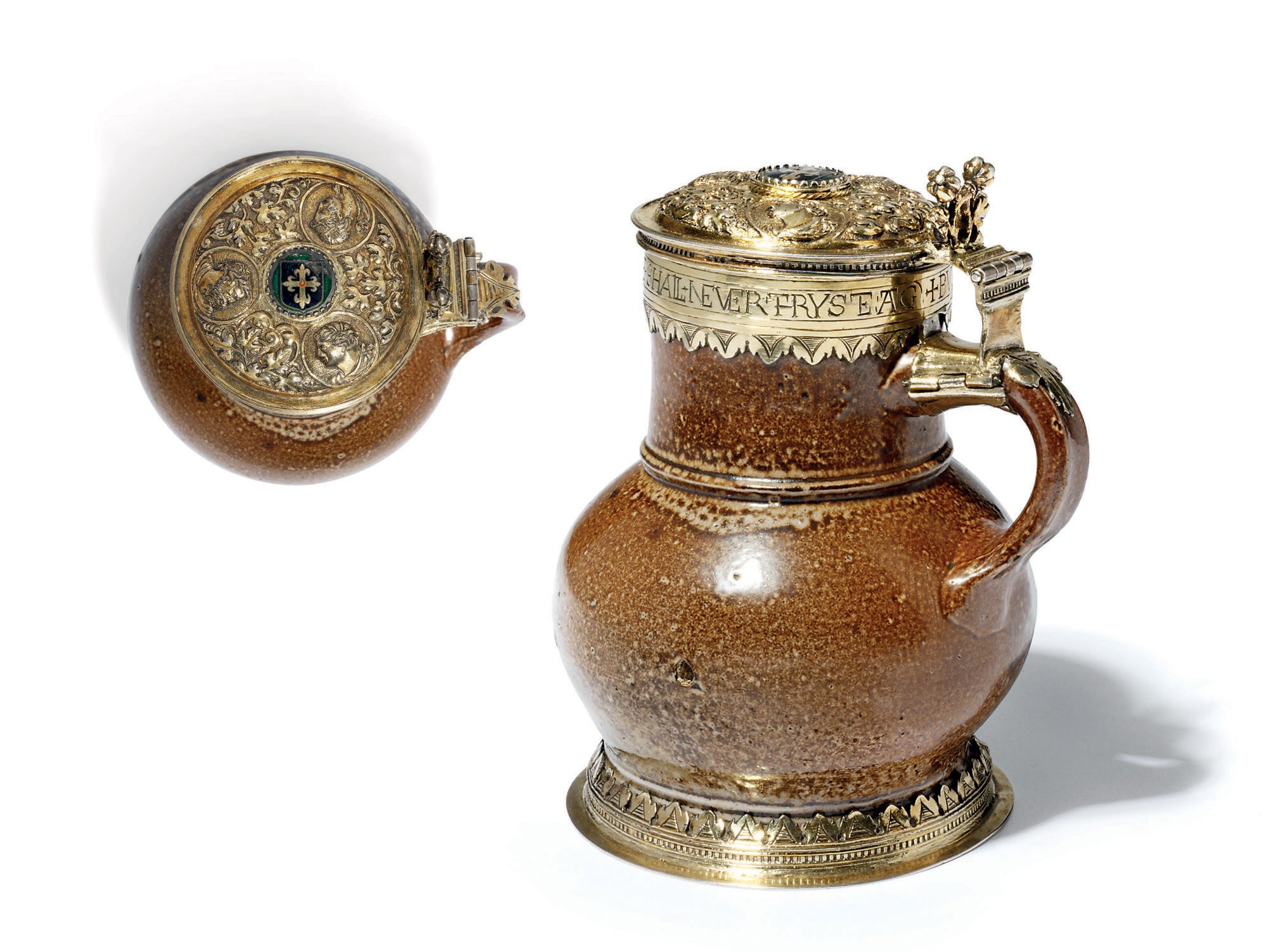 AN IMPORTANT EDWARD VI SILVER-GILT MOUNTED RHENISH SALT-GLAZED 'TIGERWARE' JUG