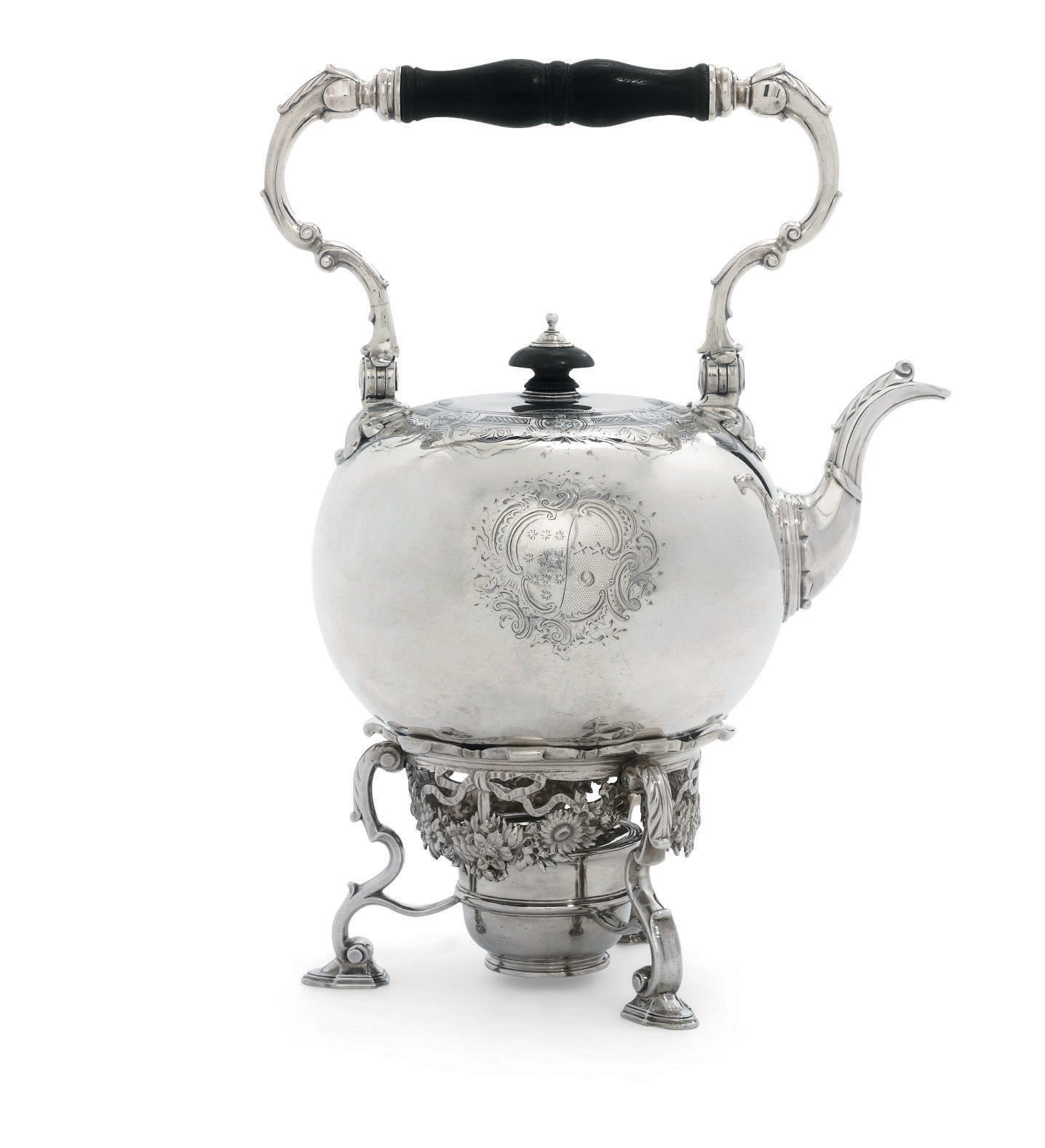 A GEORGE II SILVER KETTLE, STAND AND LAMP