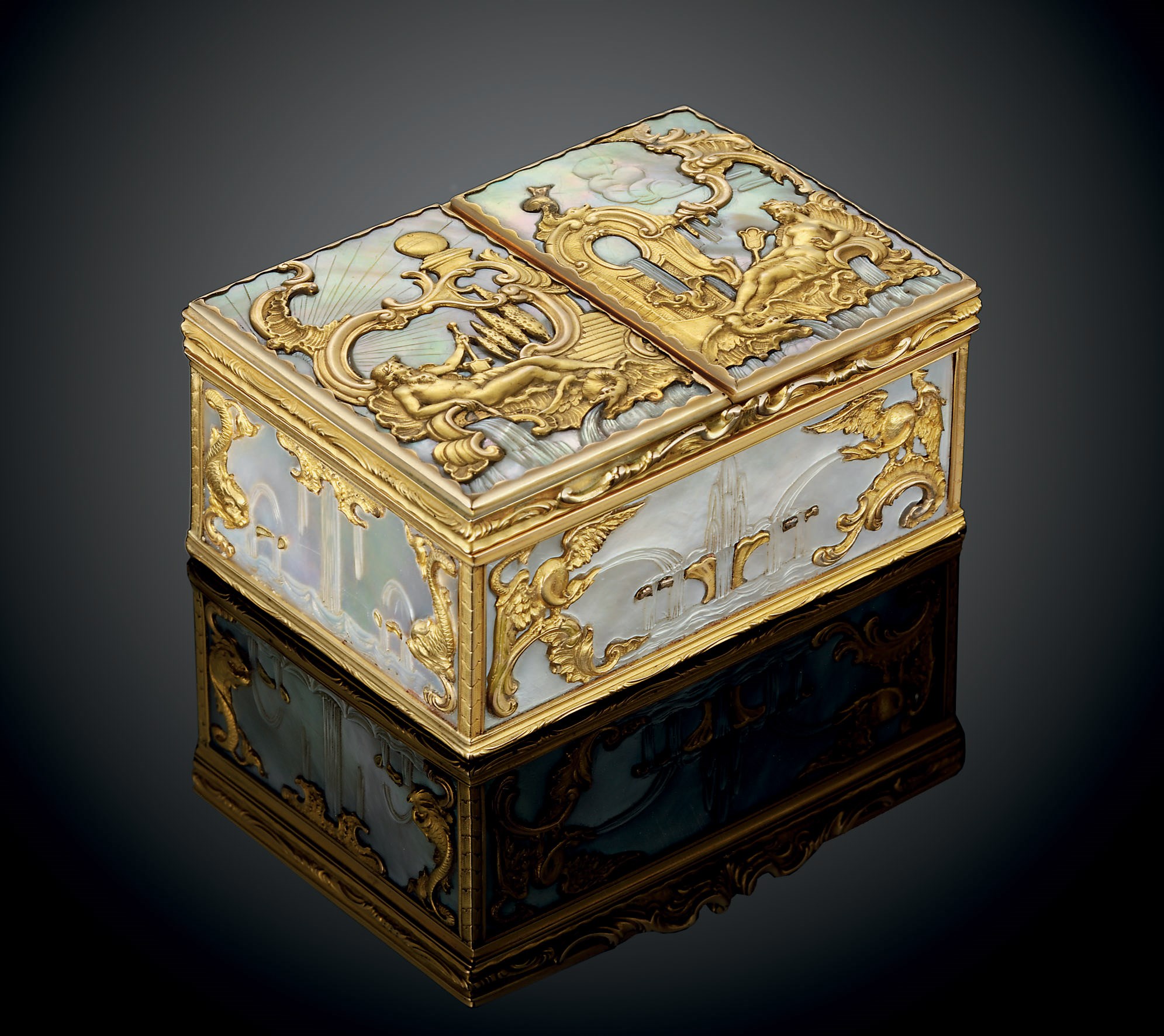 A GERMAN ROCOCO MOTHER-OF-PEARL AND GOLD BOÎTE-À-DEUX-TABACS