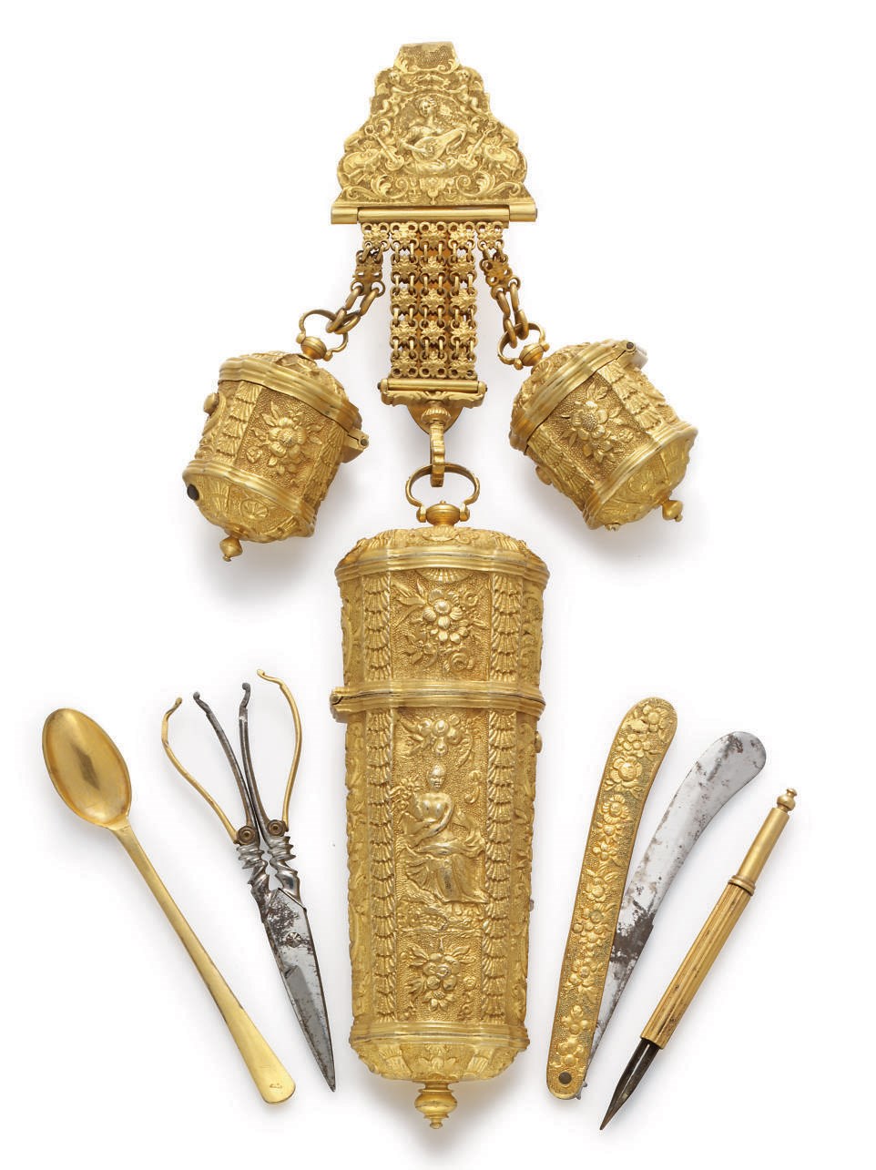 A GEORGE II PINCHBECK CHÂTELAINE WITH NÉCESSAIRE