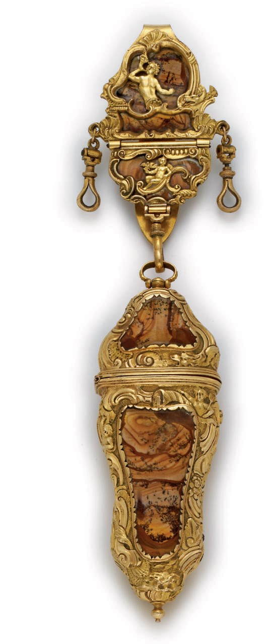 A GEORGE II PINCHBECK-MOUNTED HARDSTONE CHÂTELAINE WITH NÉCESSAIRE