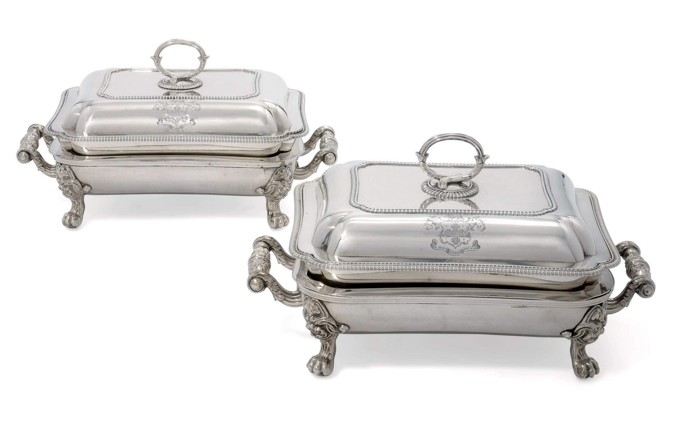 A PAIR OF GEORGE III SILVER ENTREE-DISHES, COVERS AND OLD SHEFFIELD PLATE STANDS