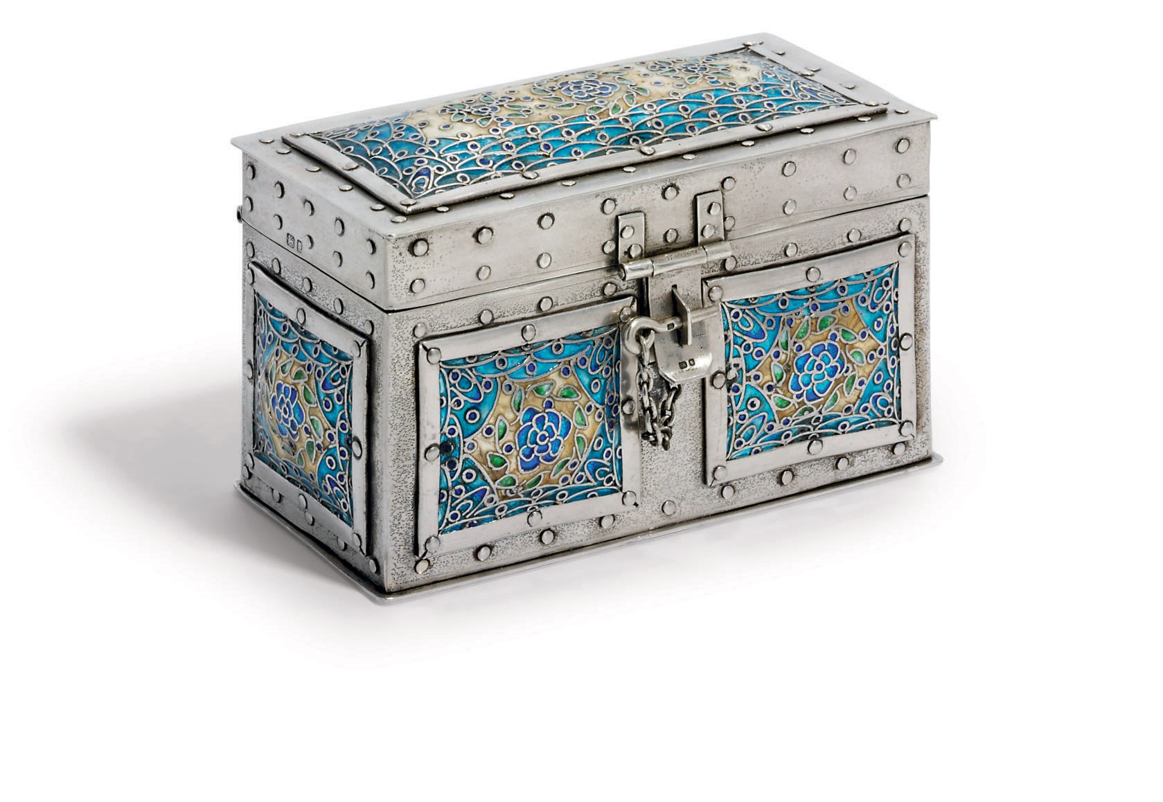 A GEORGE IV SILVER AND ENAMEL CASKET