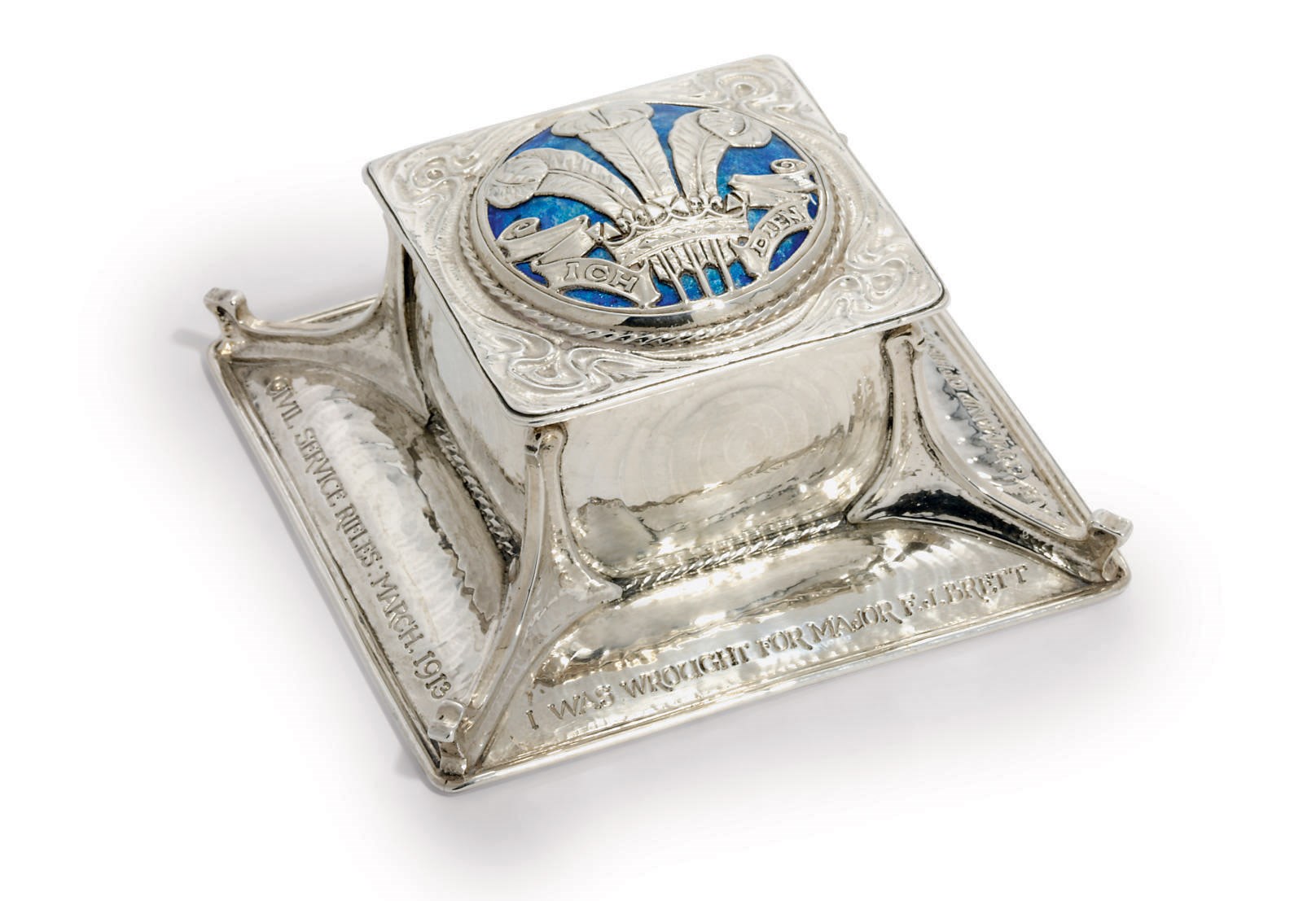 A GEORGE V SILVER AND ENAMEL INKWELL