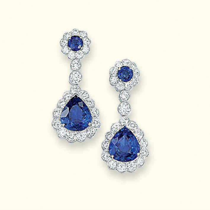 A PAIR OF SAPPHIRE AND DIAMOND EAR PENDANTS